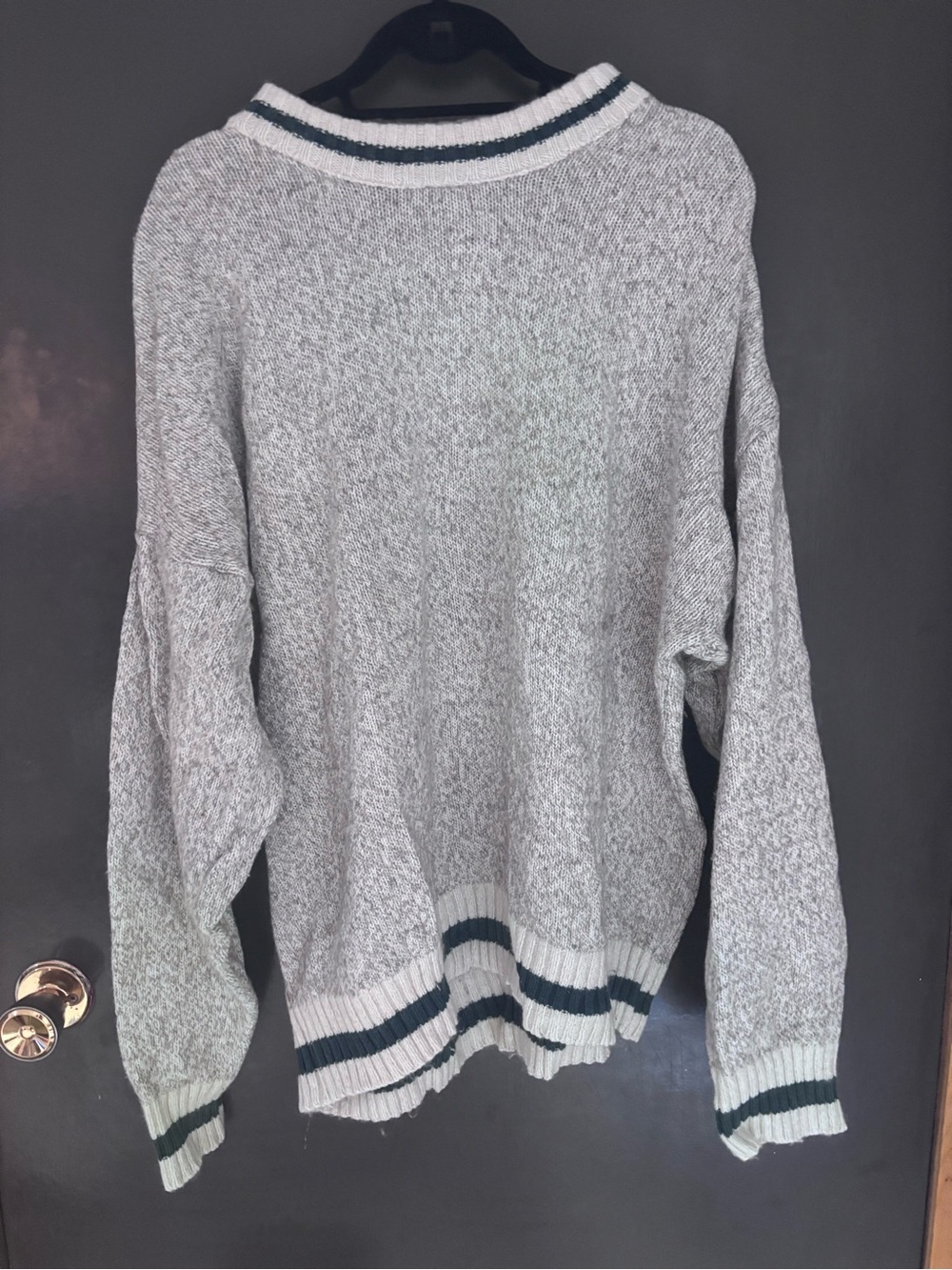 Northern Reflections Heather Gray Crewneck Sweater with Dark Green Stripe